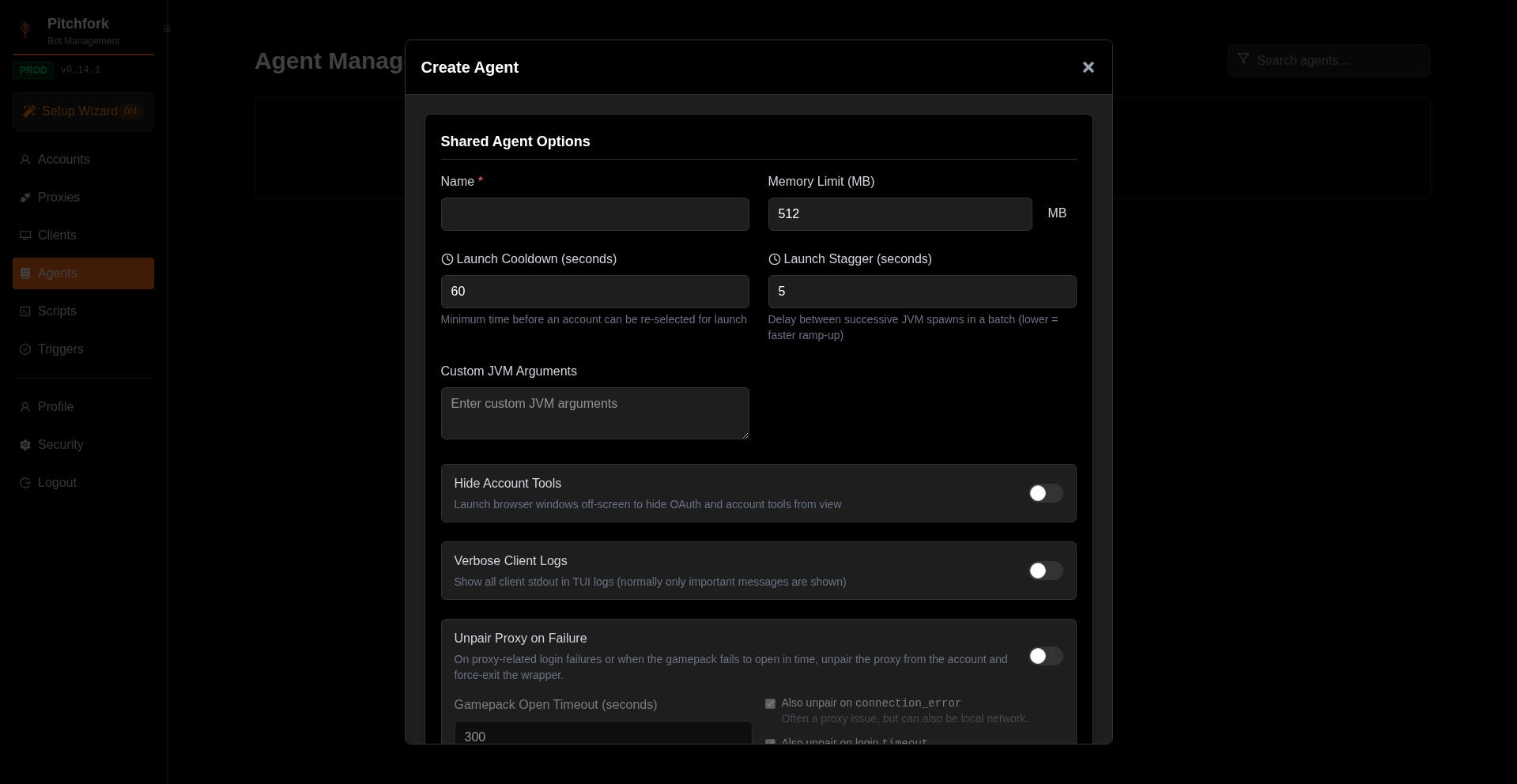 Agent settings modal — empty