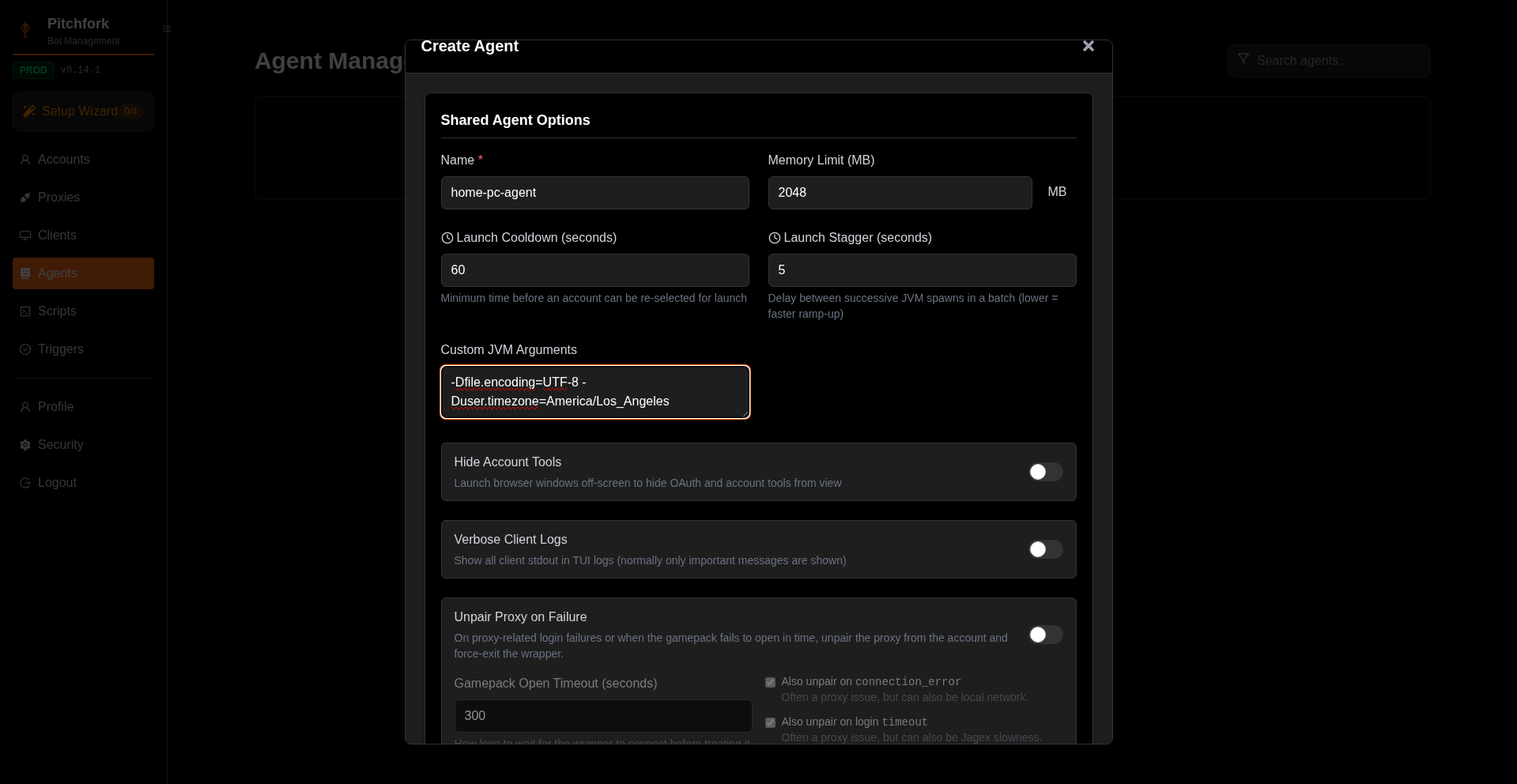 Agent settings modal — filled with example values