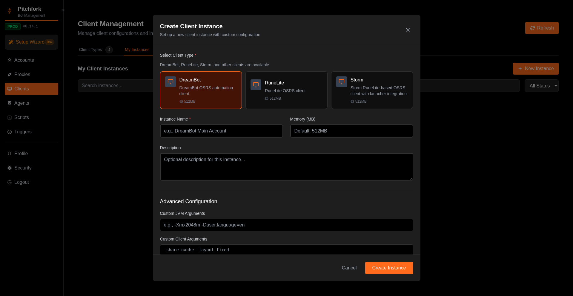 Create Client Instance — DreamBot tile selected