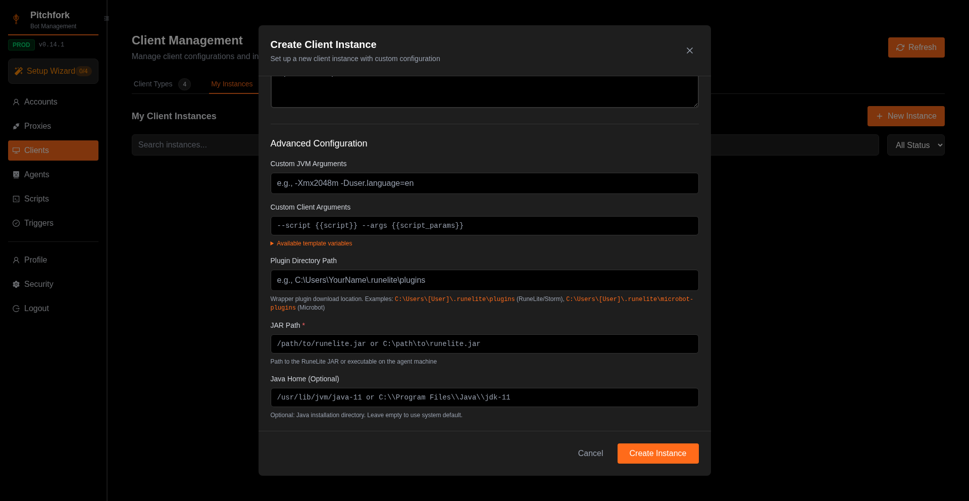 Create Client Instance — RuneLite selected, JAR Path field